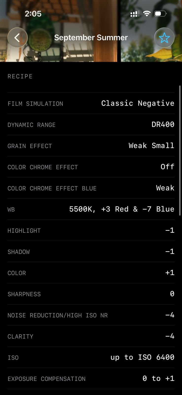 A photo editing interface displaying settings for a Fujifilm film simulation recipe.