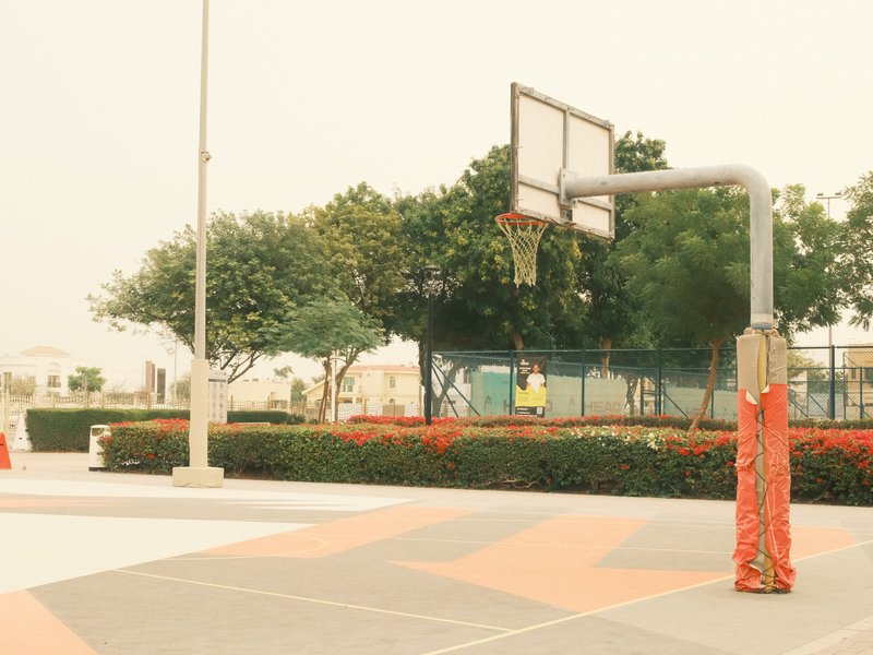 A basketball hoop in a park with trees and a distant player, under a hazy sky.
