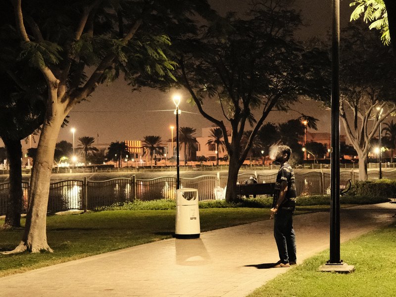 A lone figure stands by a lake at night, illuminated by streetlights and surrounded by trees.