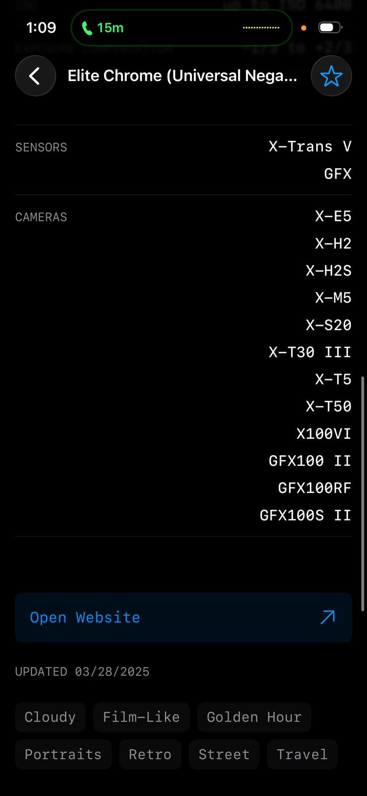 Screenshot of a mobile interface displaying camera and sensor information with a cloudy, film-like aesthetic.