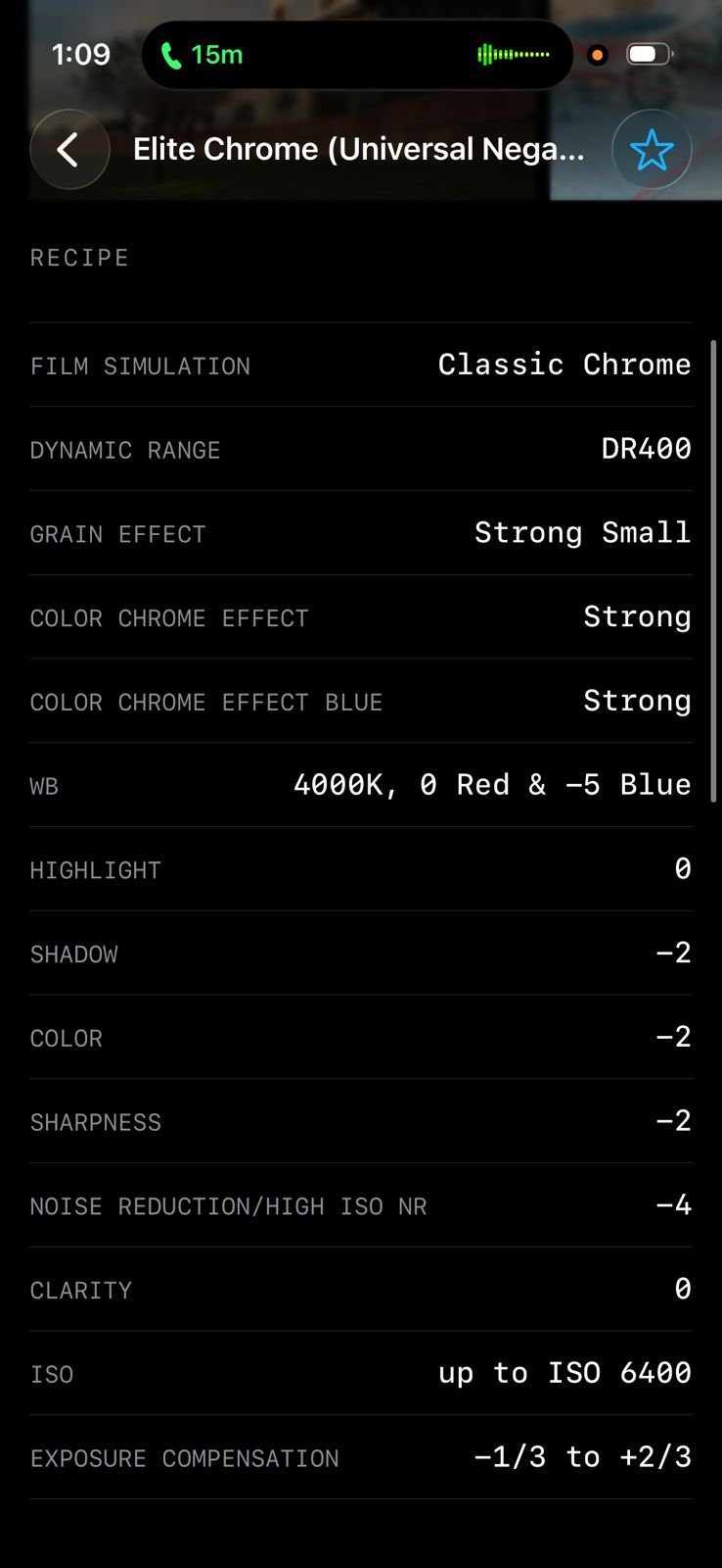 Photo editing settings for Fujifilm film simulation recipe with various adjustments listed.