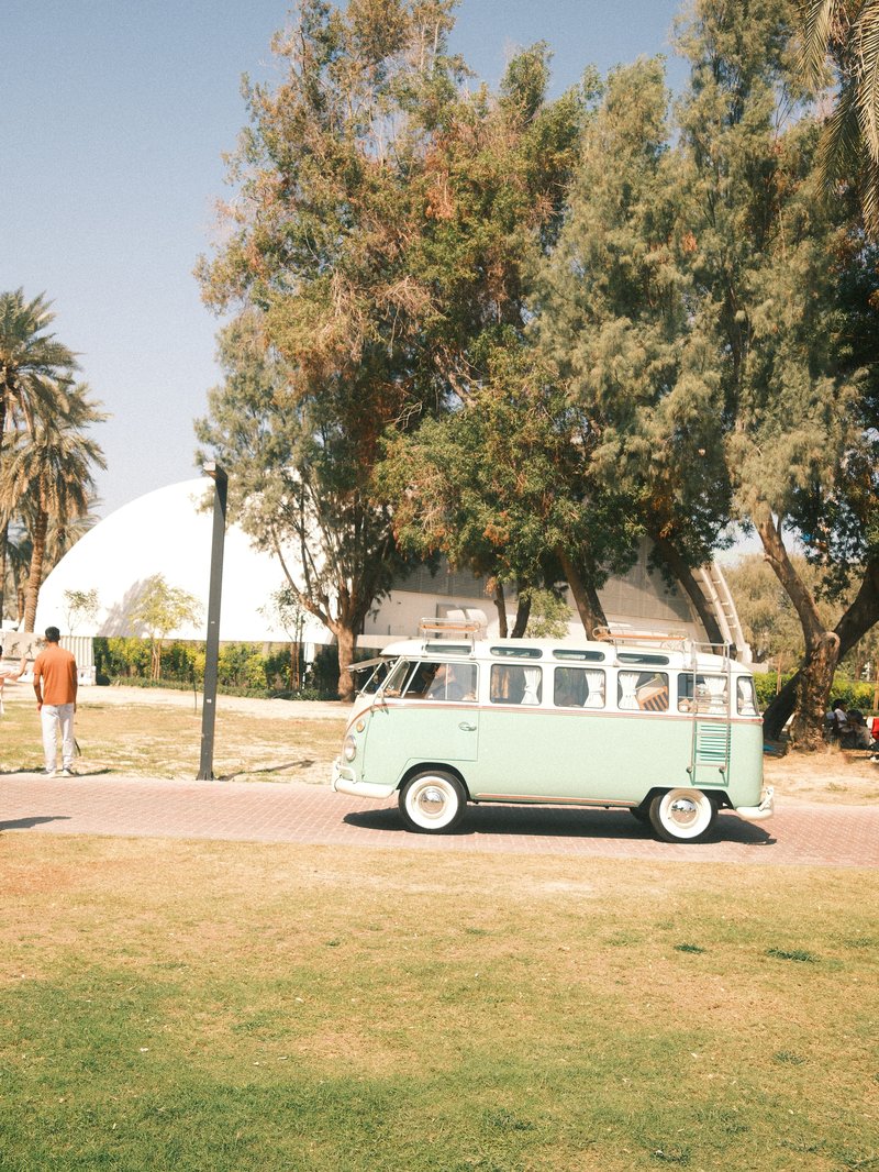 A vintage mint green van parked on a sunny day in a park with palm trees and a white dome structure.