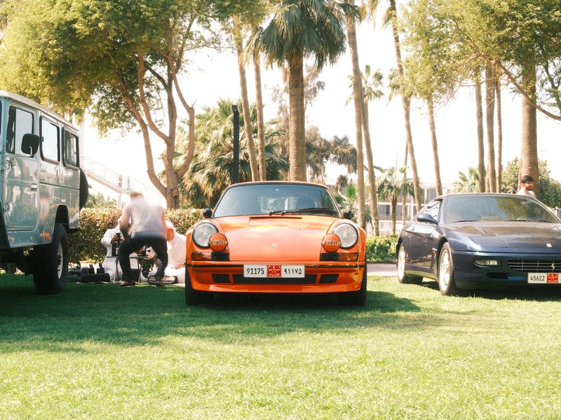 A vibrant orange sports car parked on green grass with palm trees in the background.