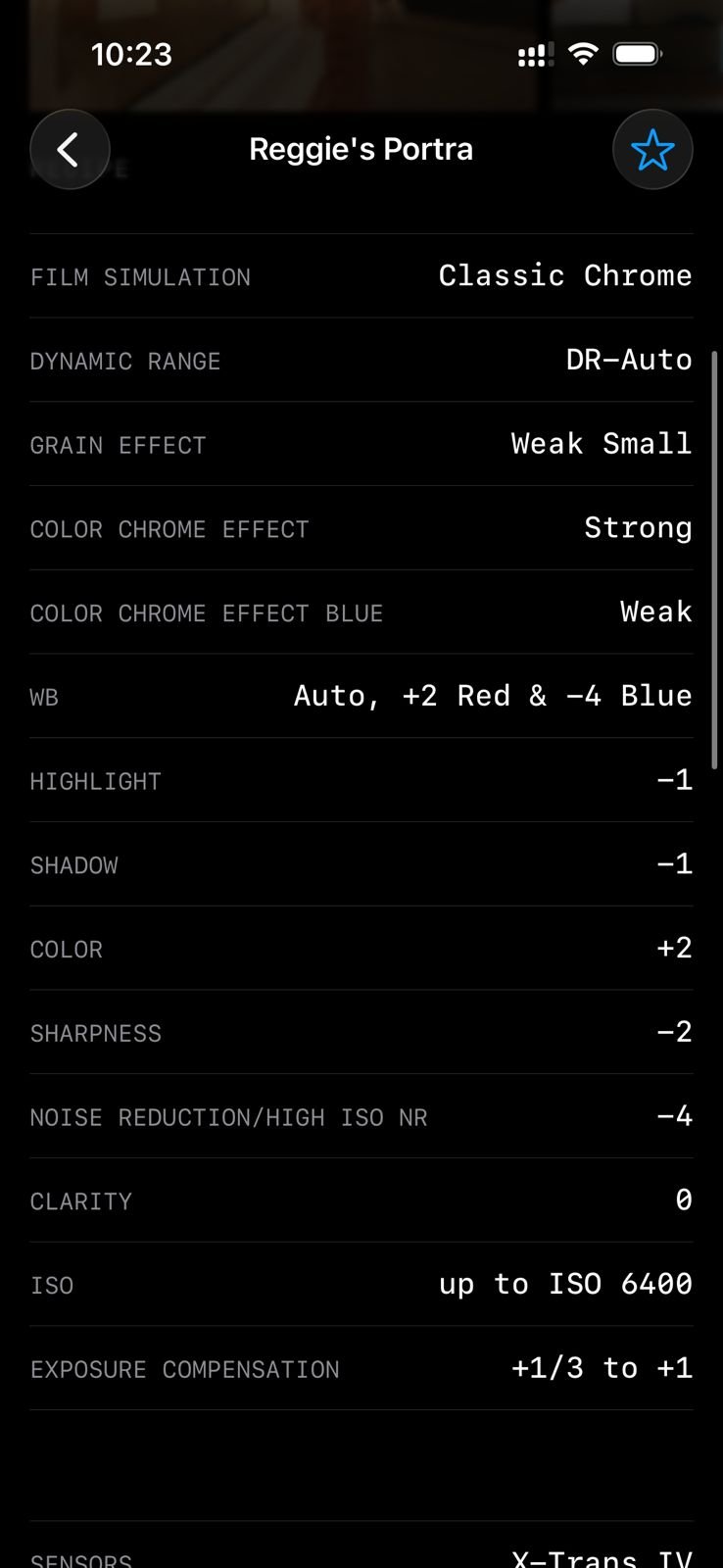 Settings for a photo with film simulation details including color effects and exposure adjustments.