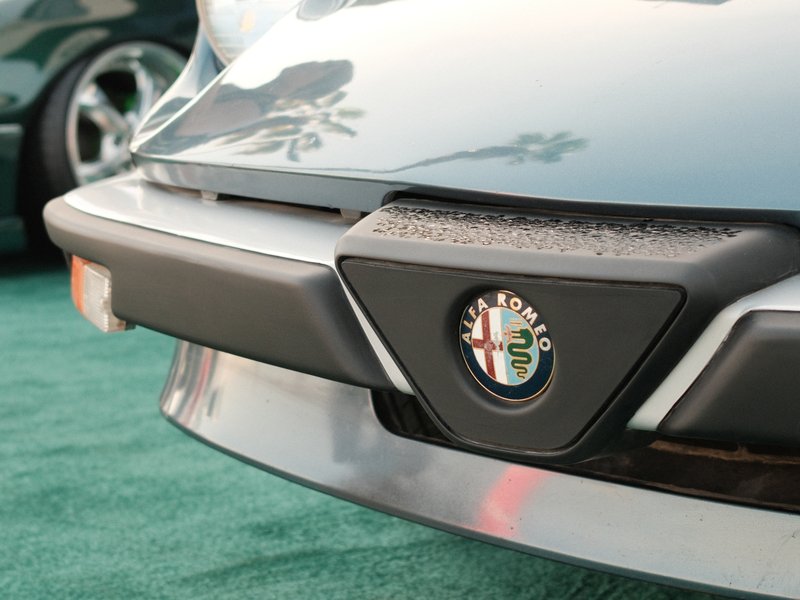 Close-up of a car's front bumper featuring an Alfa Romeo logo against a blurred background.