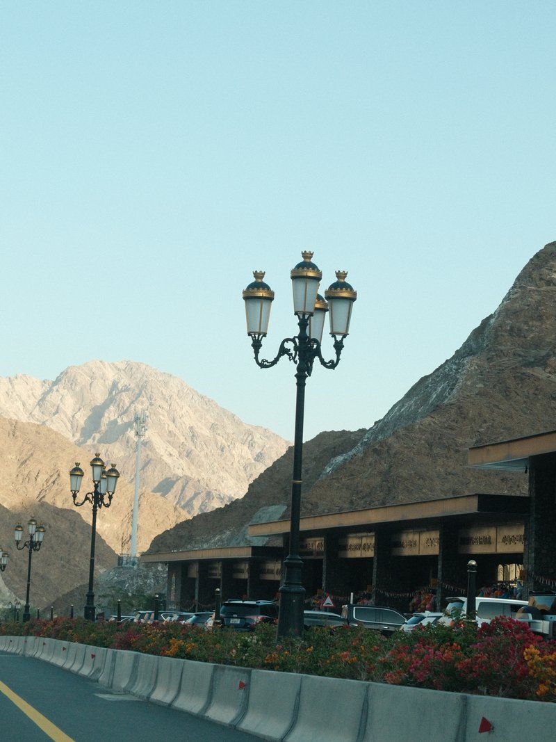 Street view with vintage lamp posts and mountains in the background under a clear sky.