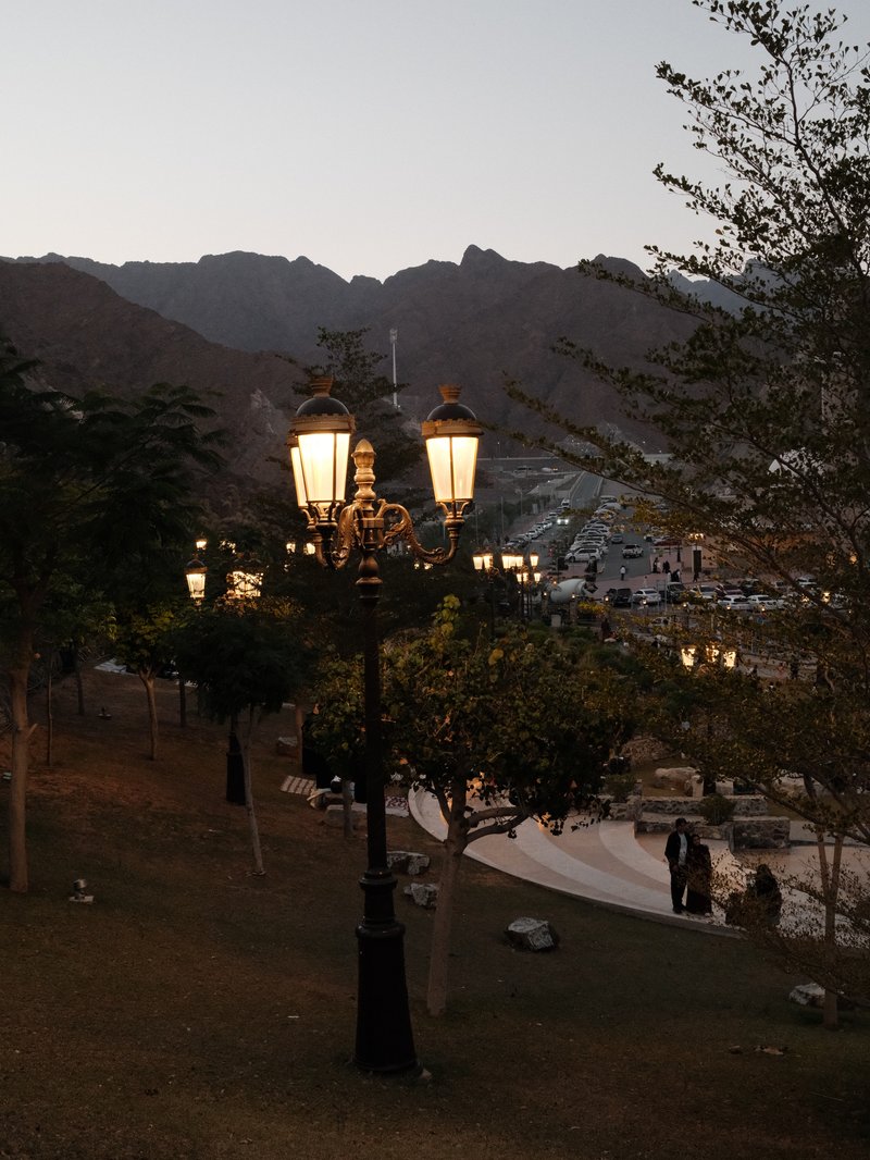 Street lamps illuminate a pathway in a park with mountains in the background during twilight.