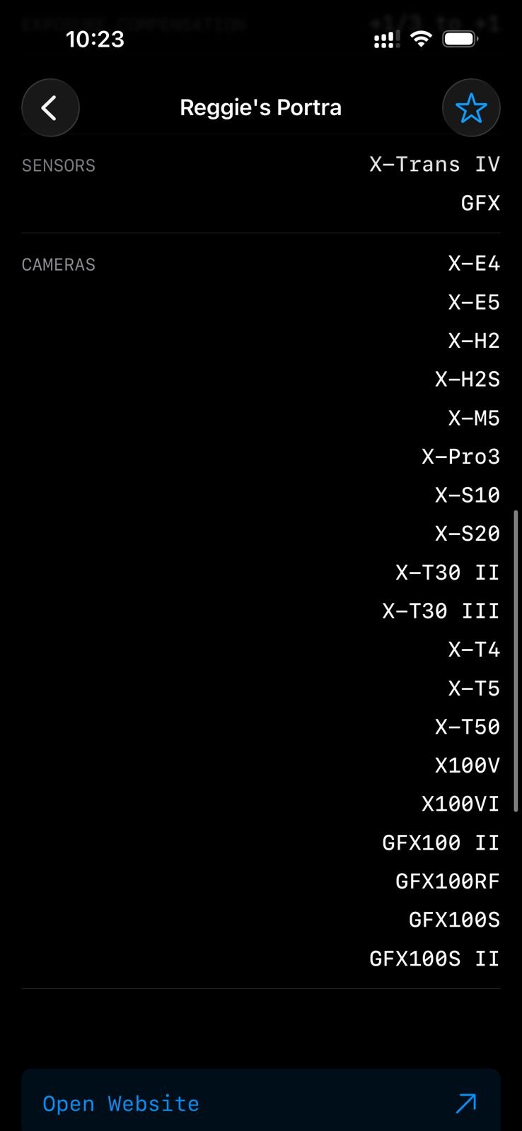 List of Fujifilm camera models and sensors displayed on a mobile screen.