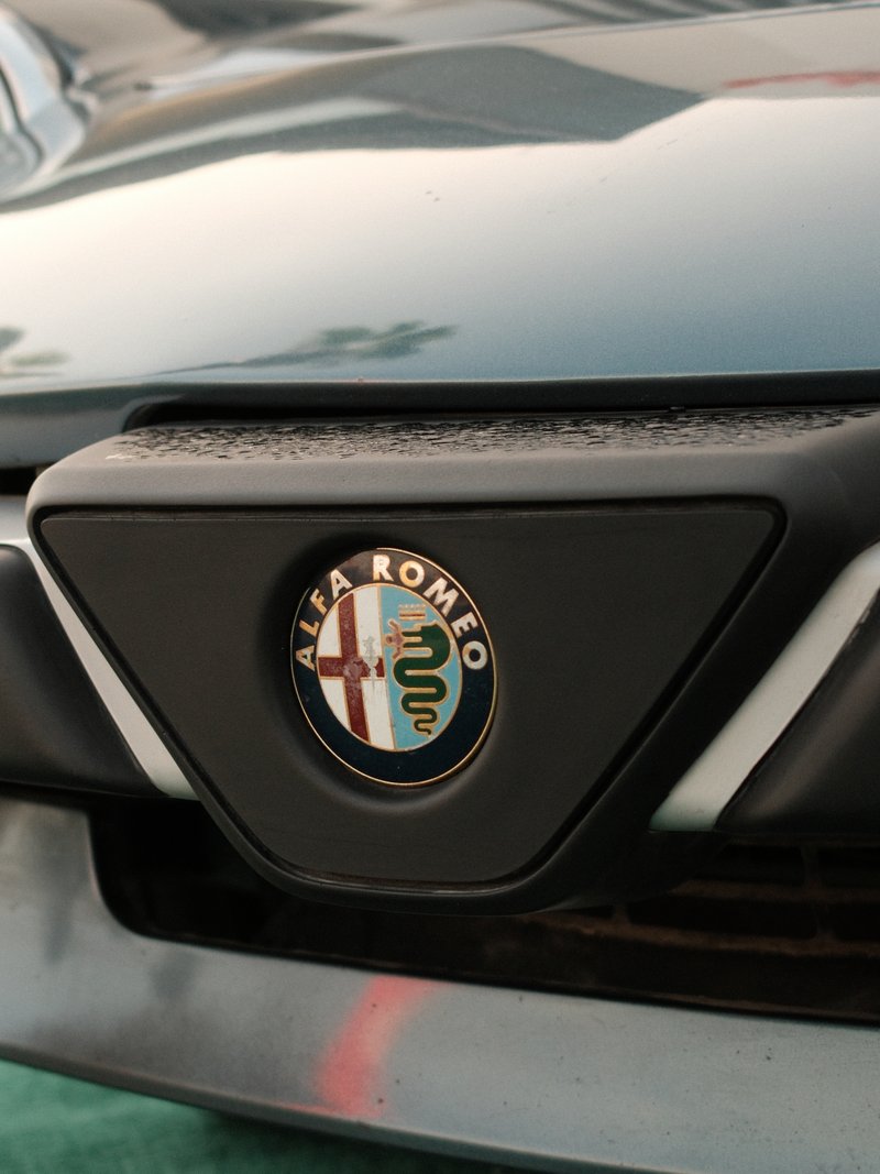 Close-up of an Alfa Romeo car emblem on a vehicle's front grille.