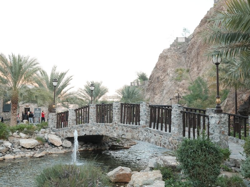 A stone bridge over a small pond surrounded by palm trees and rocky hills.