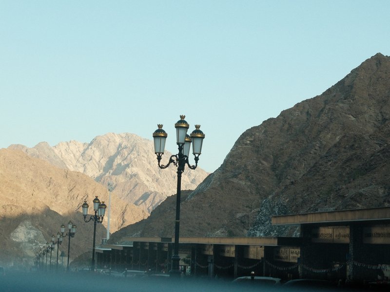 Street lamps with mountains in the background under a clear sky.