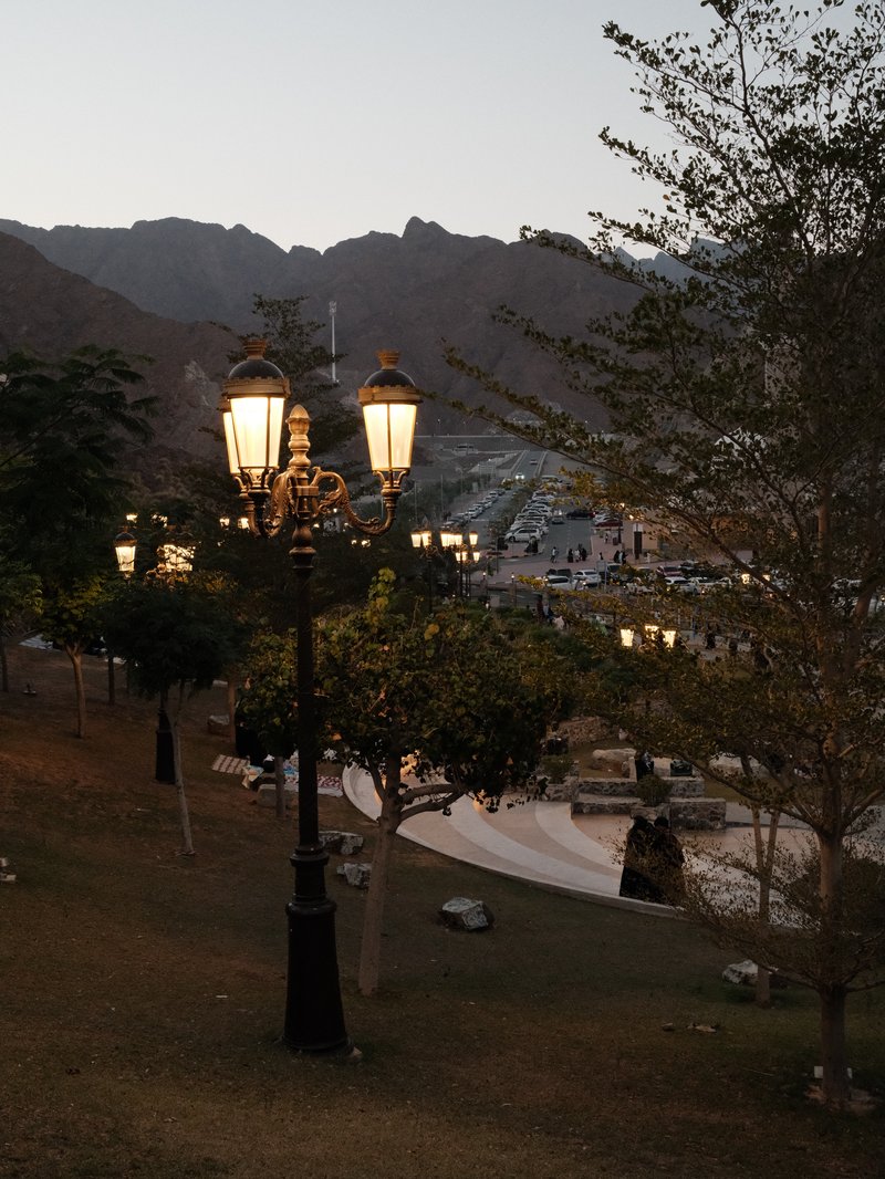 A park scene at dusk with decorative street lamps and distant mountains under a fading sky.