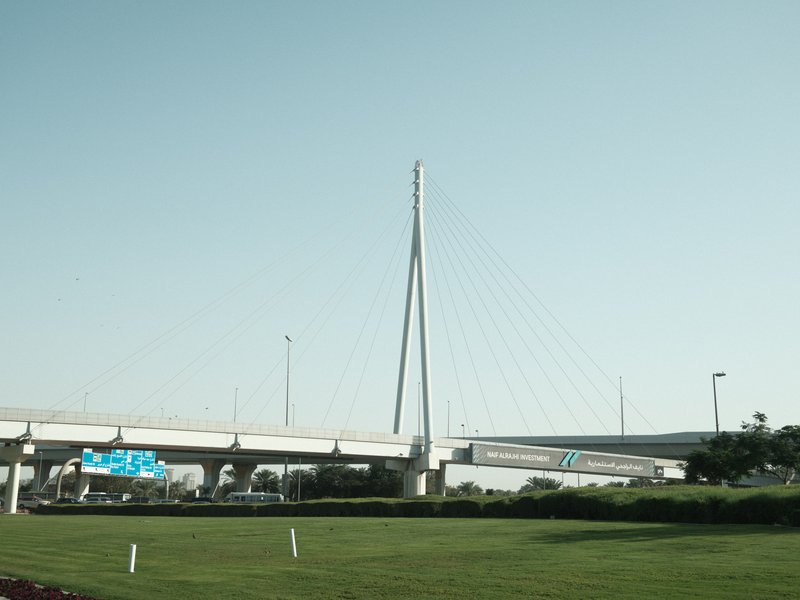 A modern cable-stayed bridge against a clear sky, with green grass in the foreground.