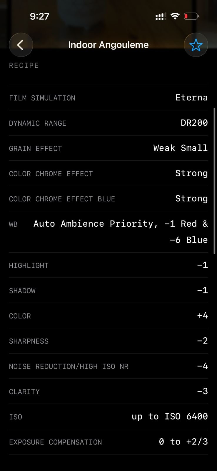Settings for a Fujifilm film simulation recipe displayed on a smartphone screen.