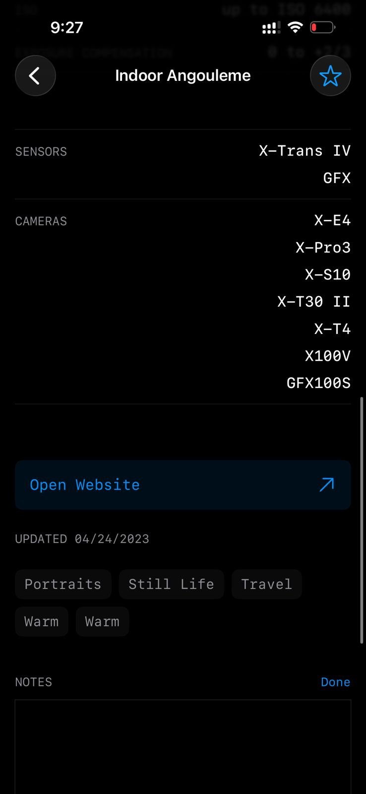 Screenshot of camera settings and specifications for Indoor Angouleme.
