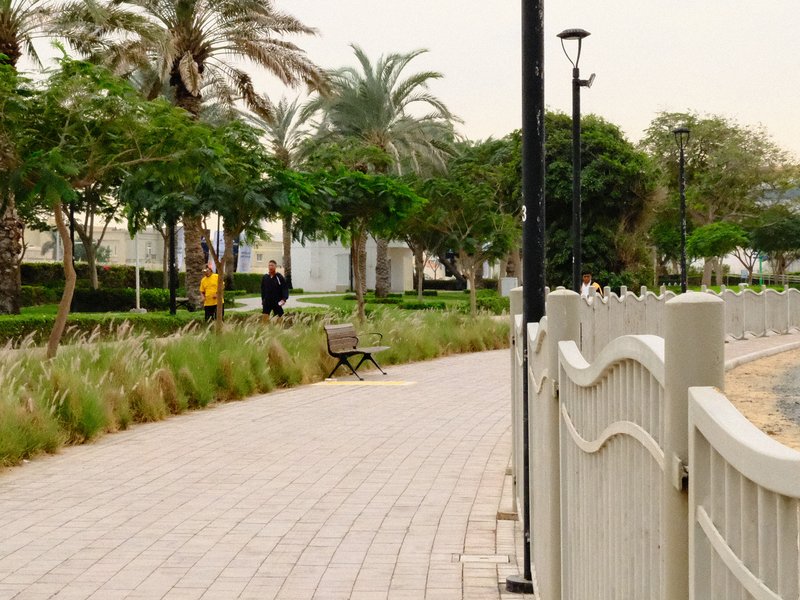 A serene waterfront path lined with greenery and palm trees, with people walking in the distance.