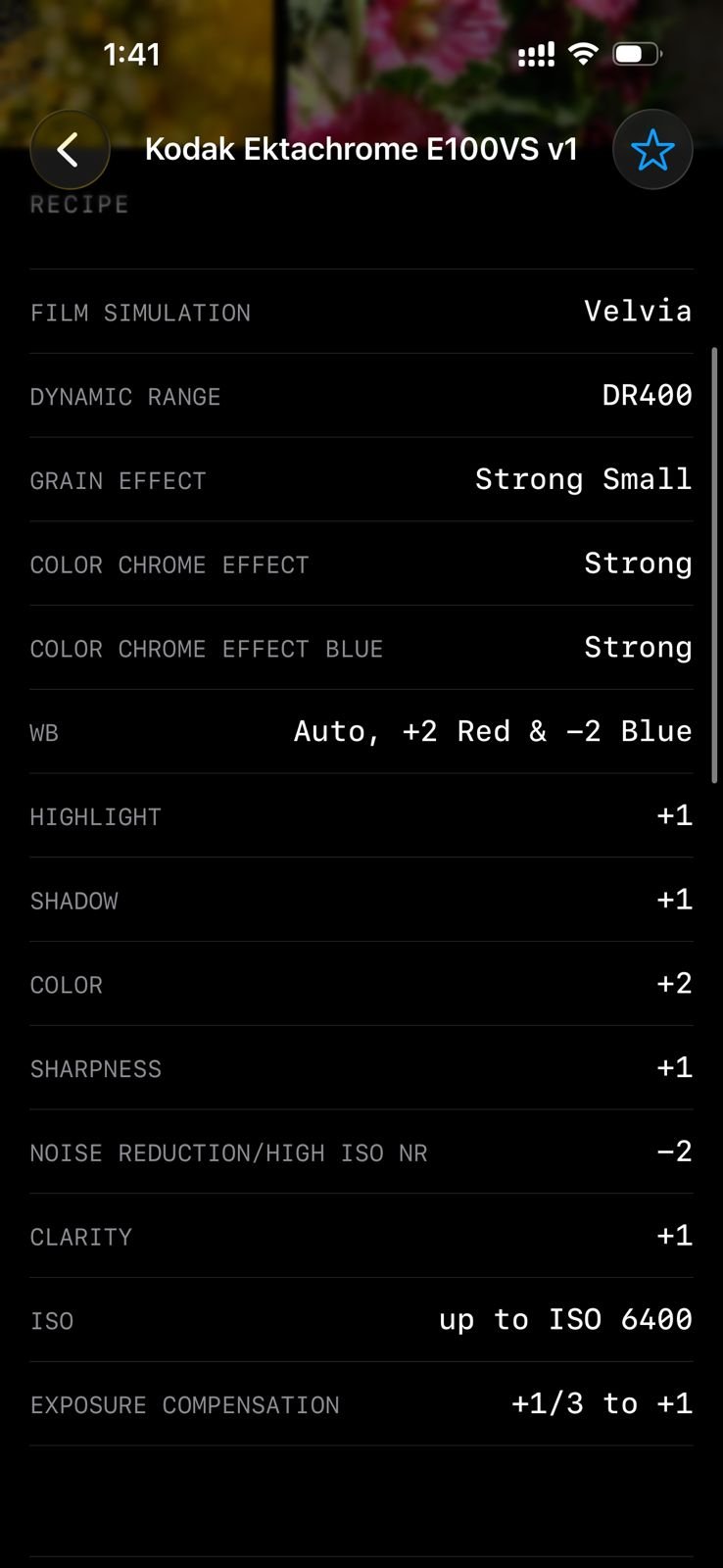 Settings for Kodak Ektachrome E100VS film simulation with various adjustments listed.