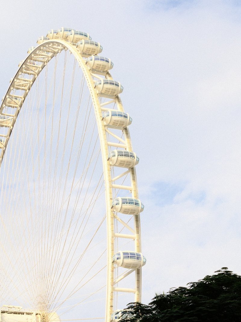 Close-up of a large white ferris wheel against a cloudy sky.