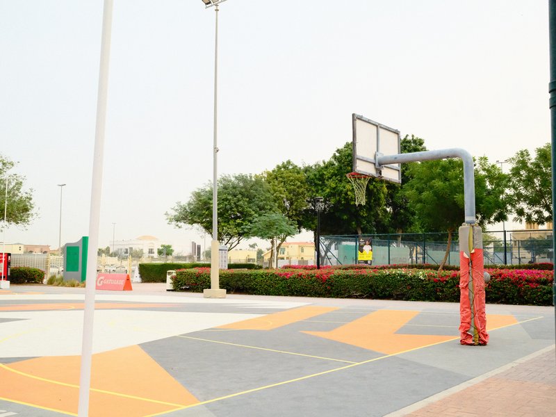 A basketball court with a hoop, surrounded by greenery and a distant view of people playing.