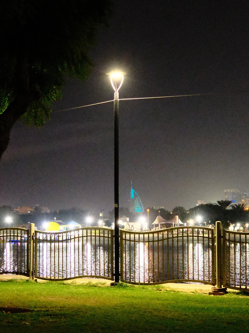 Night scene of a park with a lamppost and a fence overlooking a body of water reflecting lights.