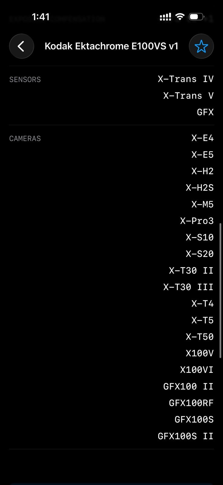 Screenshot of a digital camera settings menu showing Kodak Ektachrome E100VS film simulation options.