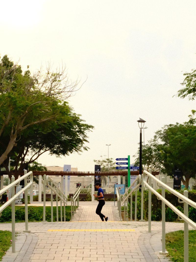 A person walking on a pathway in a park with trees and lampposts under a cloudy sky.