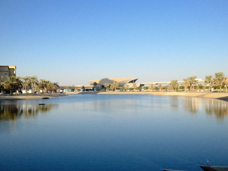 A calm lake reflecting a clear blue sky with distant mountains and palm trees lining the shore.