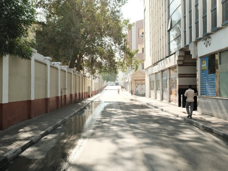 A quiet urban street with a person walking, lined by trees and buildings under bright sunlight.