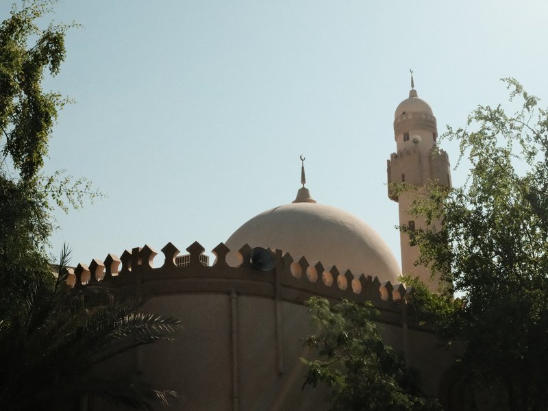 A mosque with a large dome and minaret, surrounded by greenery under a clear sky.