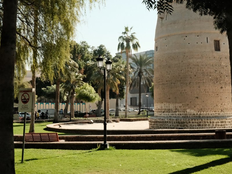 A historic tower surrounded by palm trees and green grass in a sunny park setting.