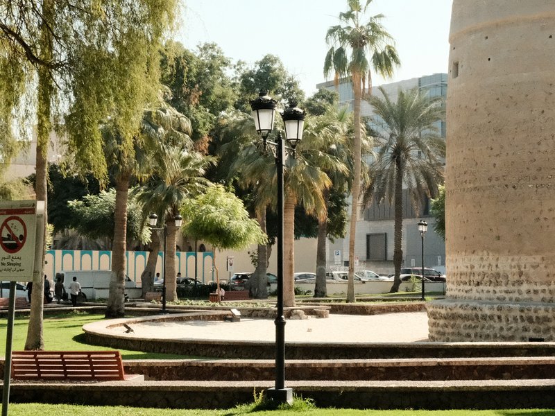 A sunny park scene featuring palm trees, a stone tower, and a lamp post.