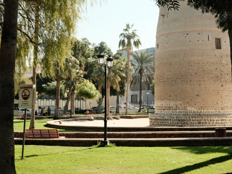 A historic tower surrounded by palm trees and green grass in a sunny park setting.