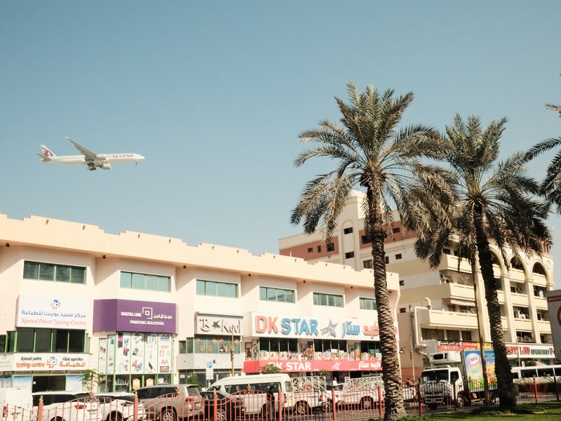 An airplane flying over a commercial building with palm trees in the foreground under a clear blue sky.