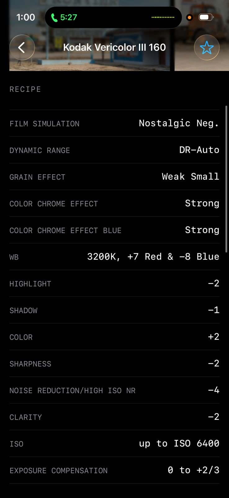 Photo editing settings for Kodak Vericolor III 160 film simulation with various adjustments.
