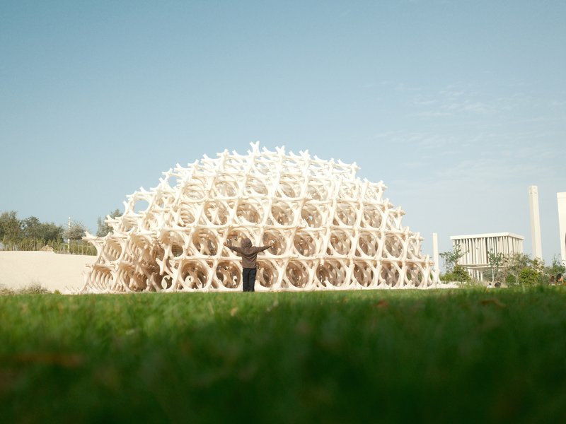 A unique architectural structure made of interconnected circular forms against a clear blue sky.