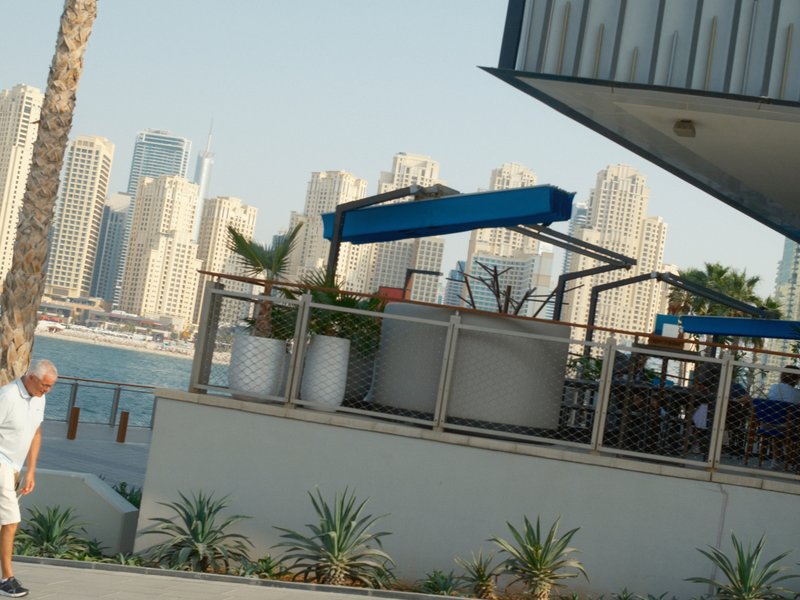 A coastal restaurant with blue awnings and city skyline in the background on a sunny day.