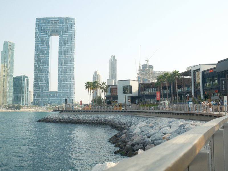 Coastal view of modern buildings and waterfront promenade with palm trees and rocky shoreline.