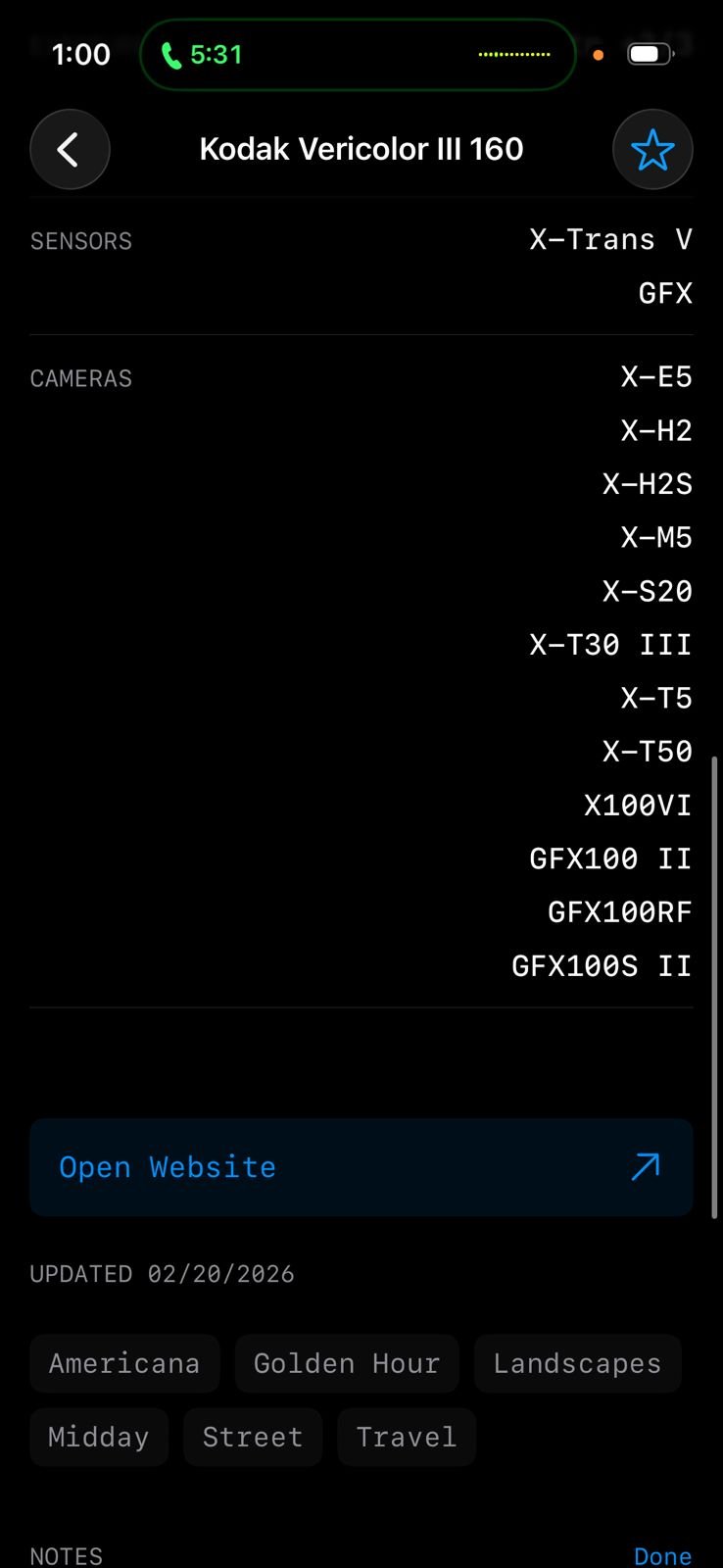 Screenshot of camera settings and film simulation details for a photo taken with Kodak Vericolor III 160.