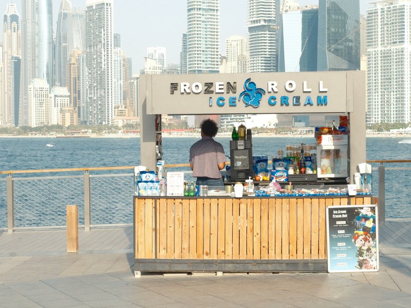 A person at a frozen ice cream stall by the waterfront with city skyscrapers in the background.