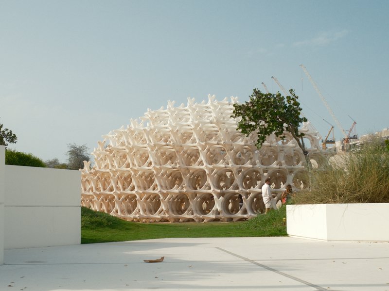 A large wooden structure resembling a honeycomb, set against a clear blue sky and green grass.