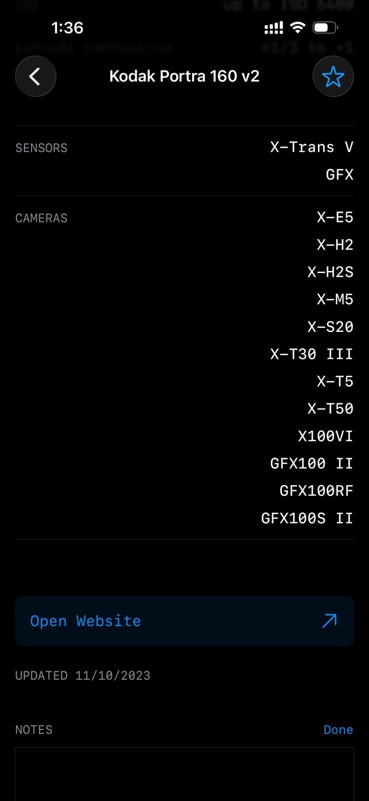 Screenshot of camera settings and film simulation details for Kodak Portra 160 v2.