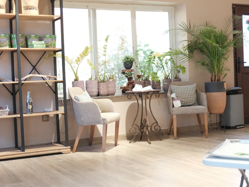 A cozy indoor setting with plants, a small table, and comfortable chairs near a large window.