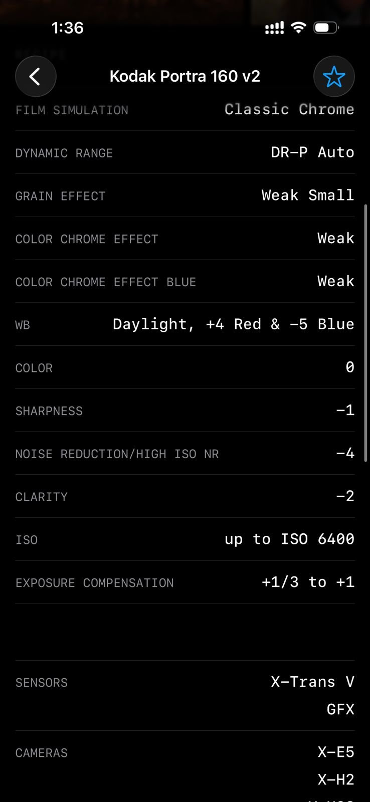 Screenshot of camera settings for a photo edited with Kodak Portra 160 v2 film simulation.
