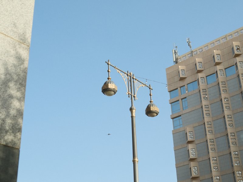 Street lamp against a clear blue sky with buildings in the background.