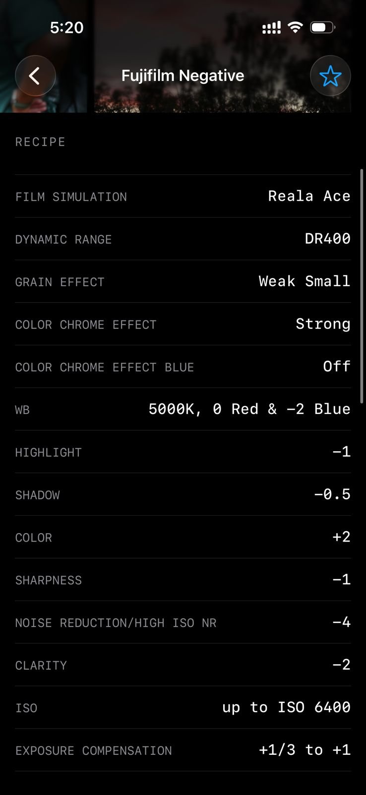 Fujifilm film simulation settings displayed on a mobile device screen.