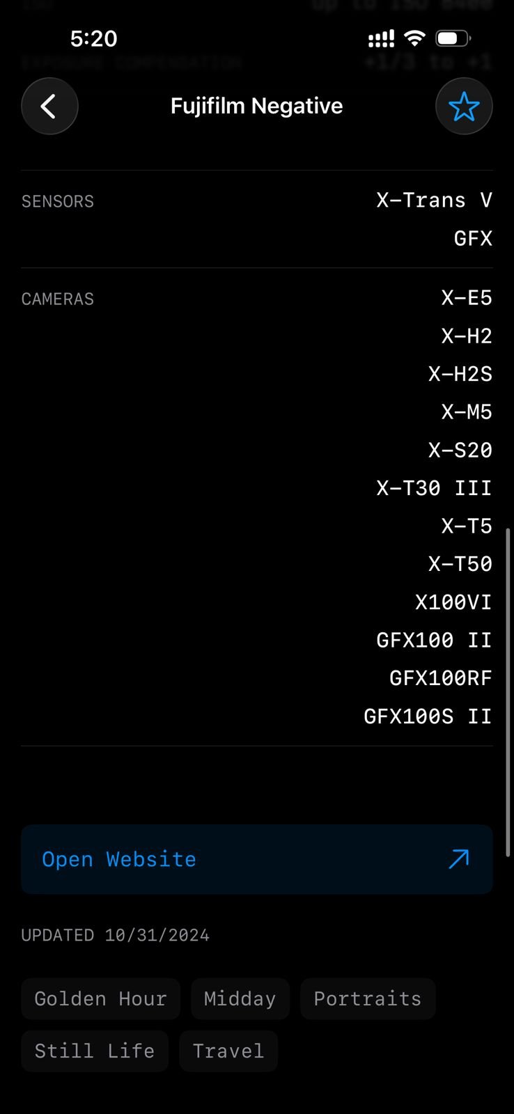 Screenshot of a mobile app displaying Fujifilm camera settings and film simulation options.