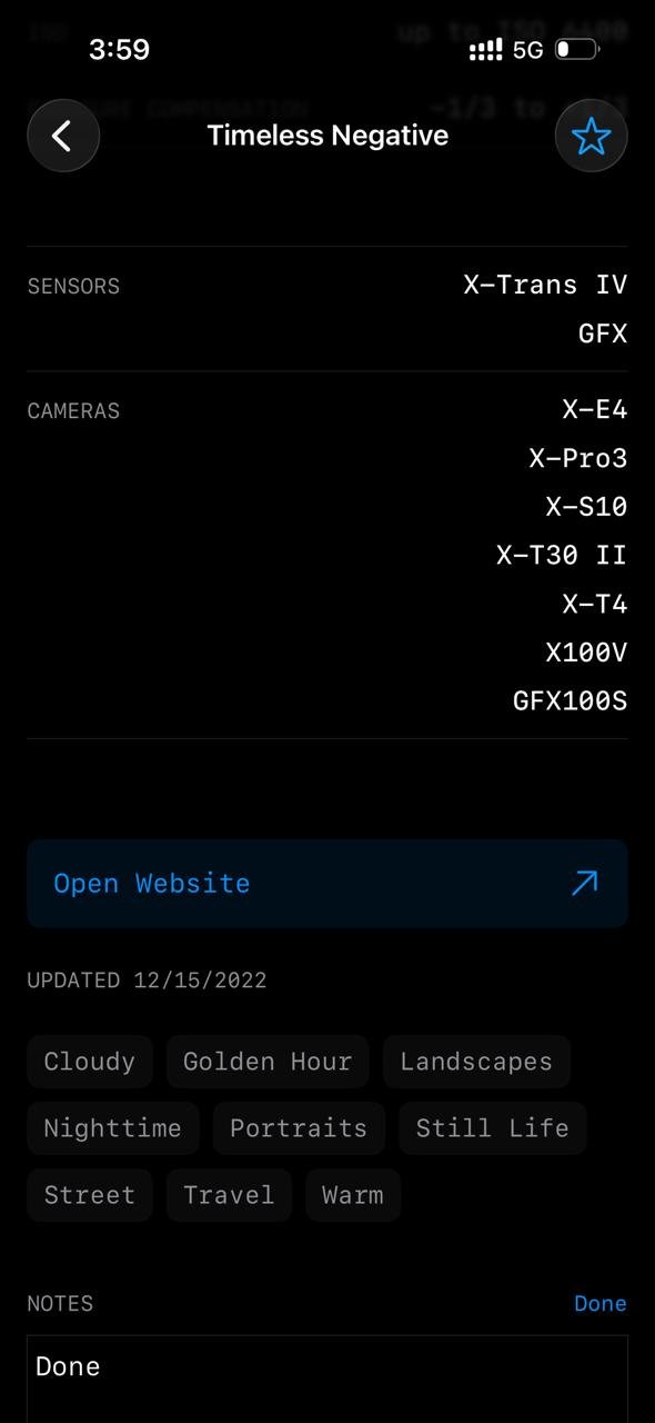 Settings and metadata for a Fujifilm film simulation recipe titled 'Timeless Negative'.