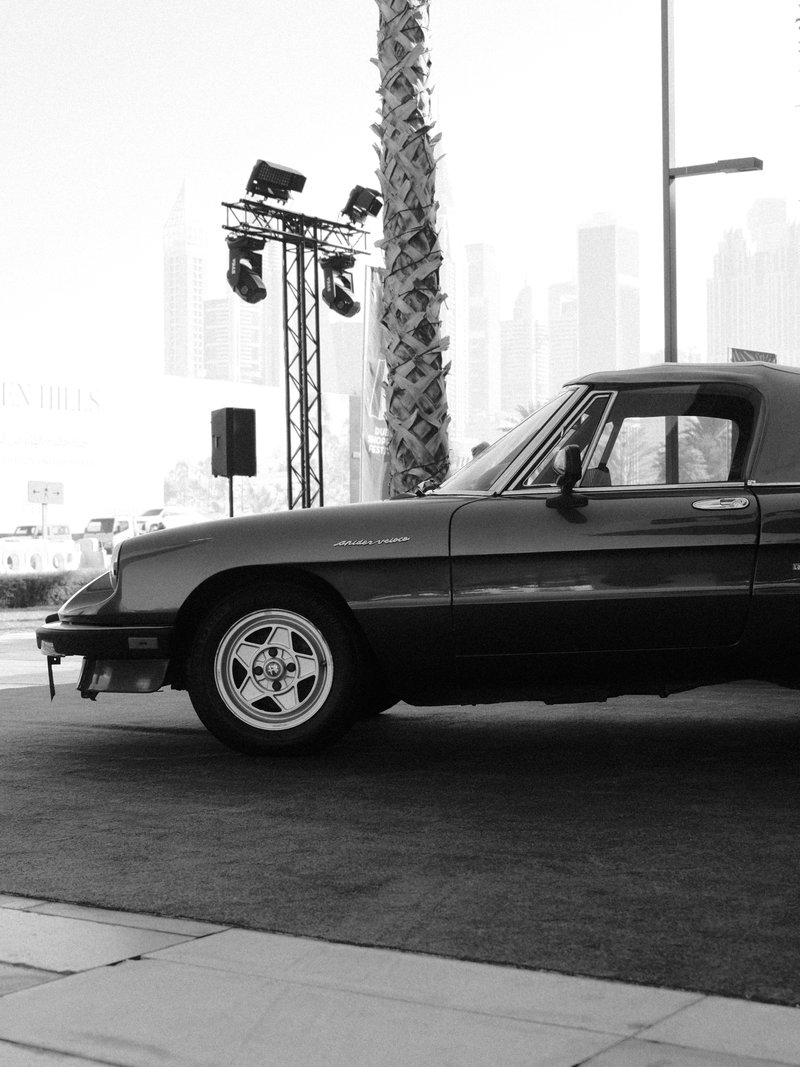 A classic black car parked on a street with palm trees and city skyline in the background.