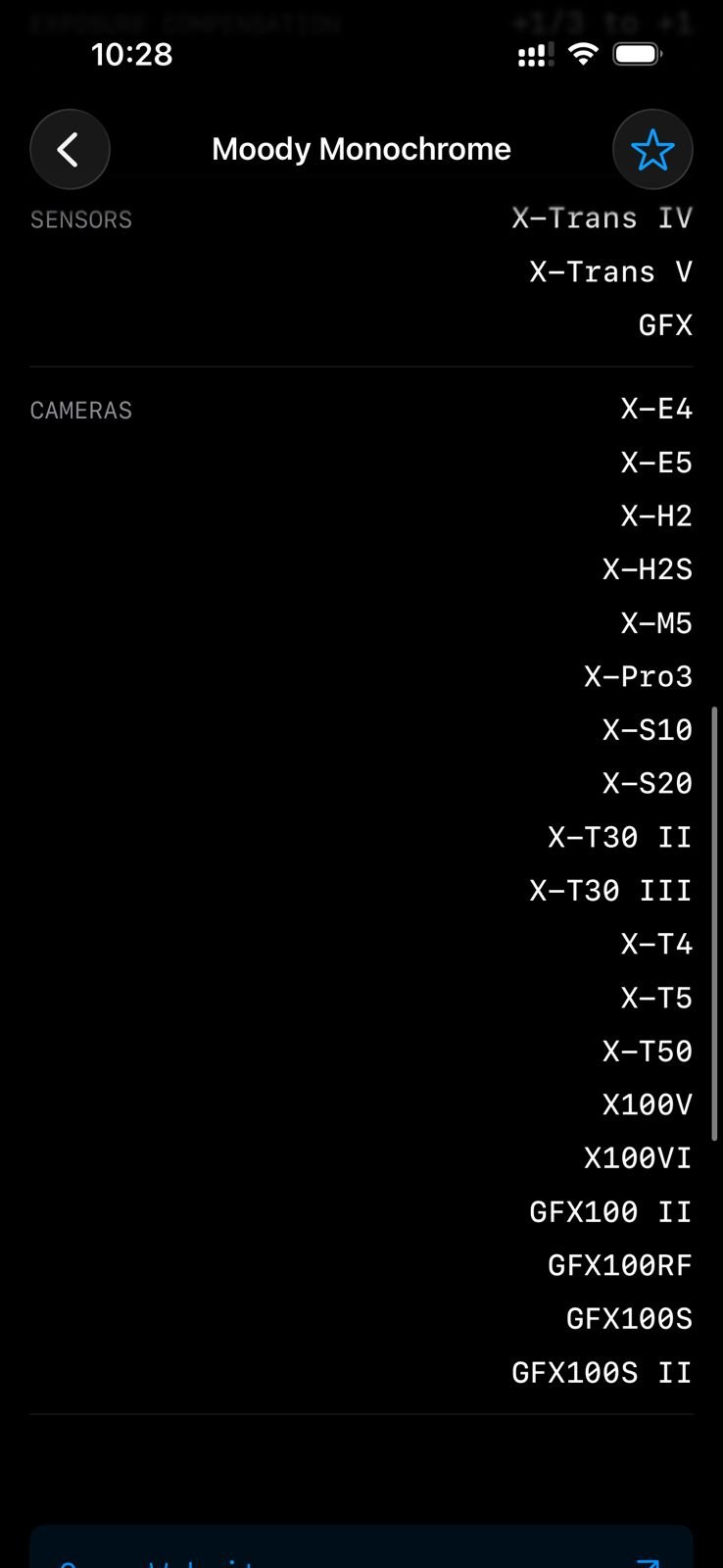 List of Fujifilm camera models and sensors displayed on a smartphone screen.