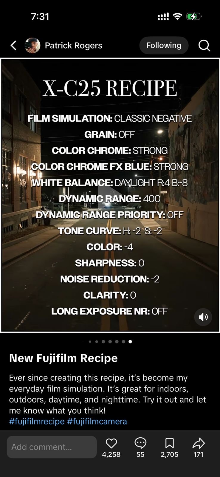 Screenshot of a mobile device displaying Fujifilm film simulation settings and recipe details.